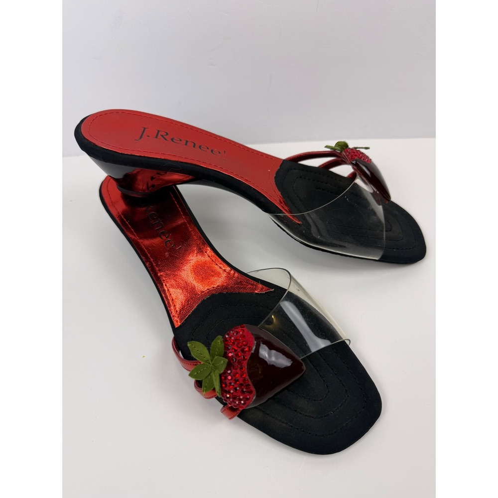 J. Renee Chocolate Strawberry Rhinestone Clear Slide Sandals Red Black Wedge 8.5